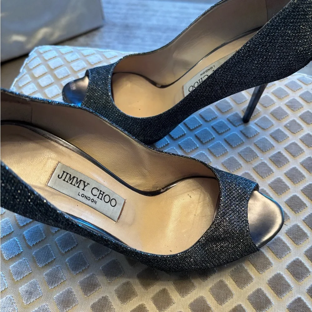 Jimmy Choo Stiletto Luna Pump Silver Glitter Size 37.5 Hollywood Glam